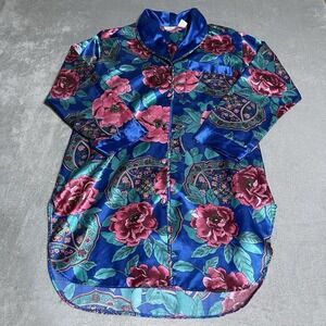 Kathryn Womens Blue Pink Floral‎ Satin Sleep Shirt Nightgown Button Front Size M